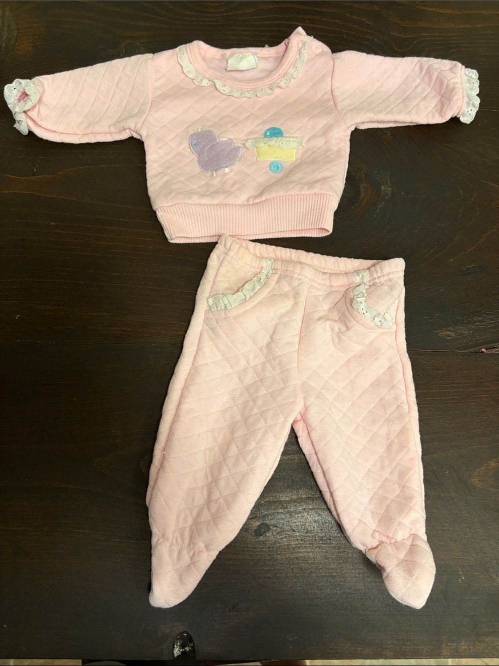 Vtg Pink Quilted Baby Pajama Set - Soft Footed Pants & Long Sleeve Top 3-6 month